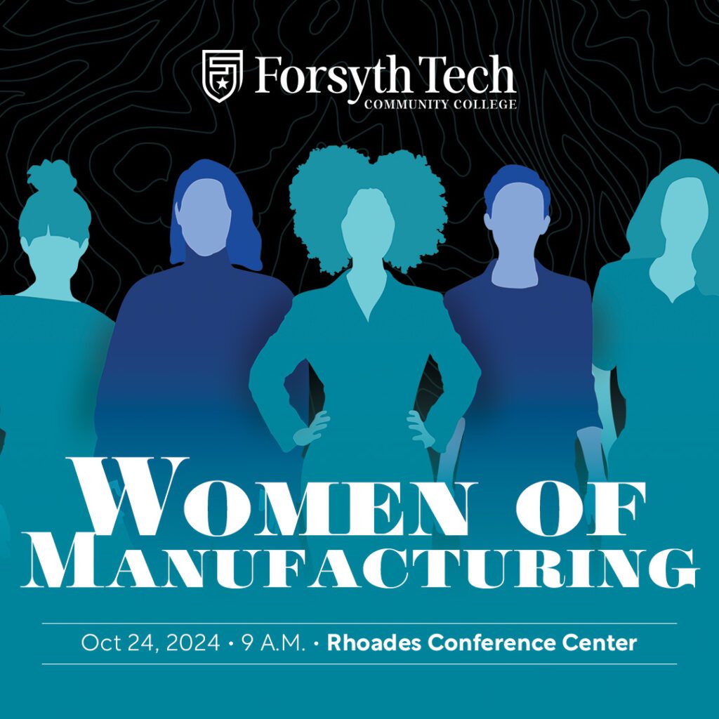 Women of Manufactoring logo with women standing in blue and teal