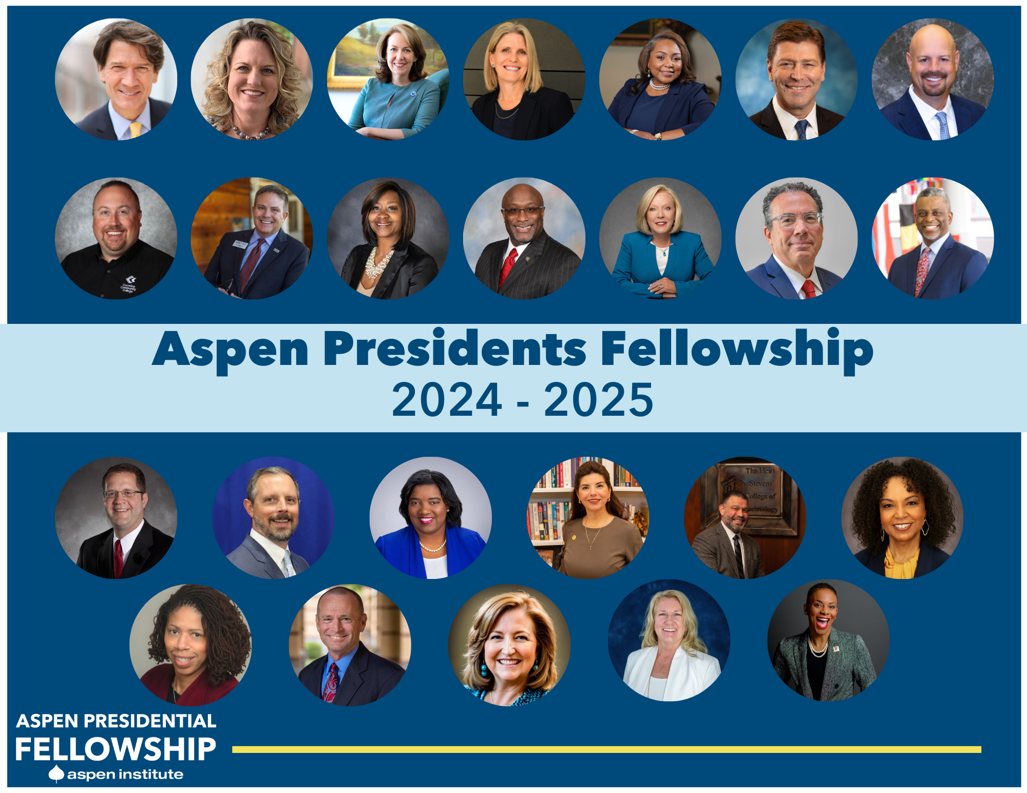 An image with lots of other circular headshots inside of it. All of the head shots are of professionally dressed people, a variety of ages and races, and both men and women. The words "aspen Presidents Fellowship 2024-2025" is in the center of the image. 